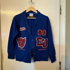 Vintage 80s Letterman Cardigan with patches Kandel 100% Wool size small